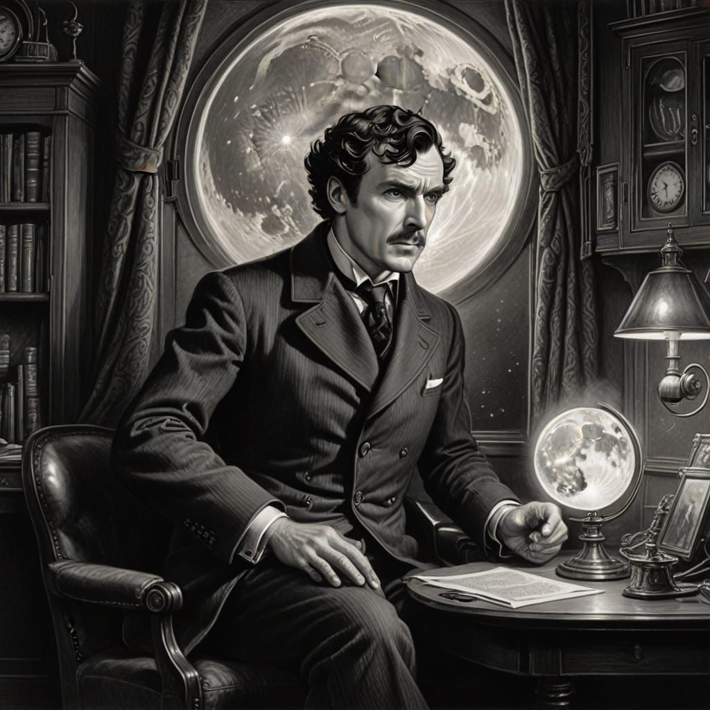 Victorian style illustration of Sherlock Holmes, but piloting a small one-man spacecraft, past a full moon visible out o...