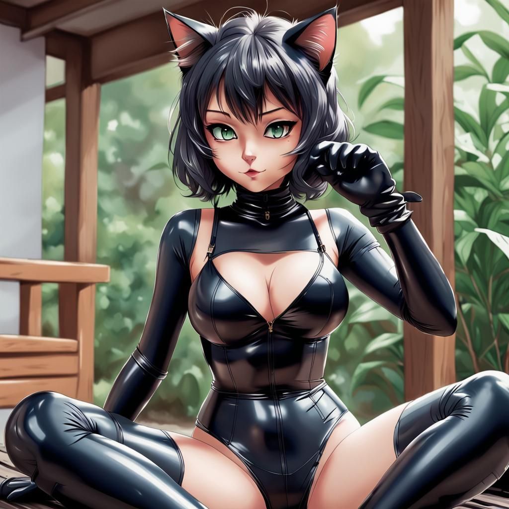 Anime Catgirl in Latex Outfit: Digital Art