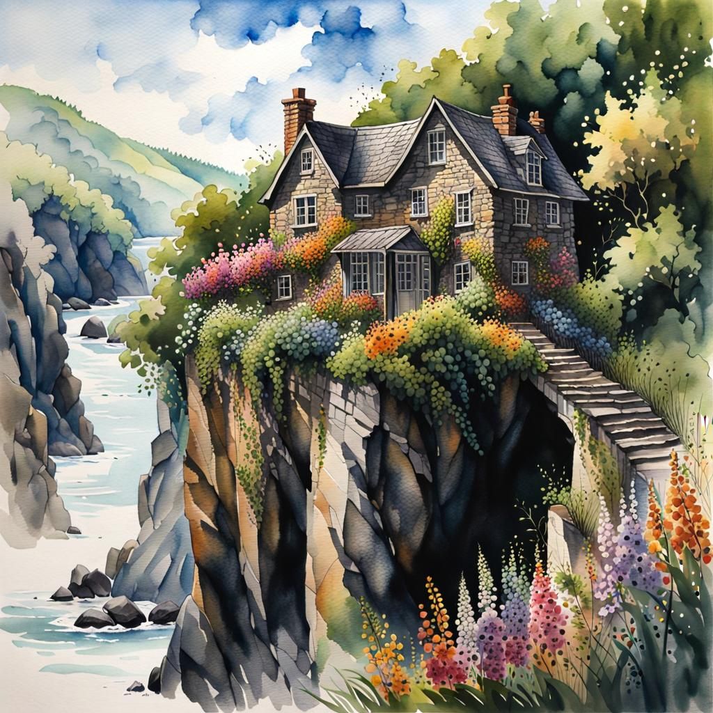 Cliffside Cottage in Watercolor and Ink