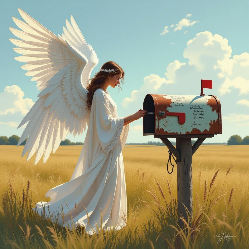 Letter-Winged Angel Beside Mailbox Digital Painting