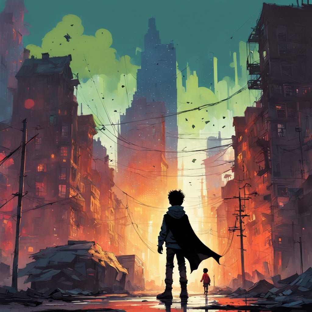 Dynamic Cityscape with Brooding Superhero