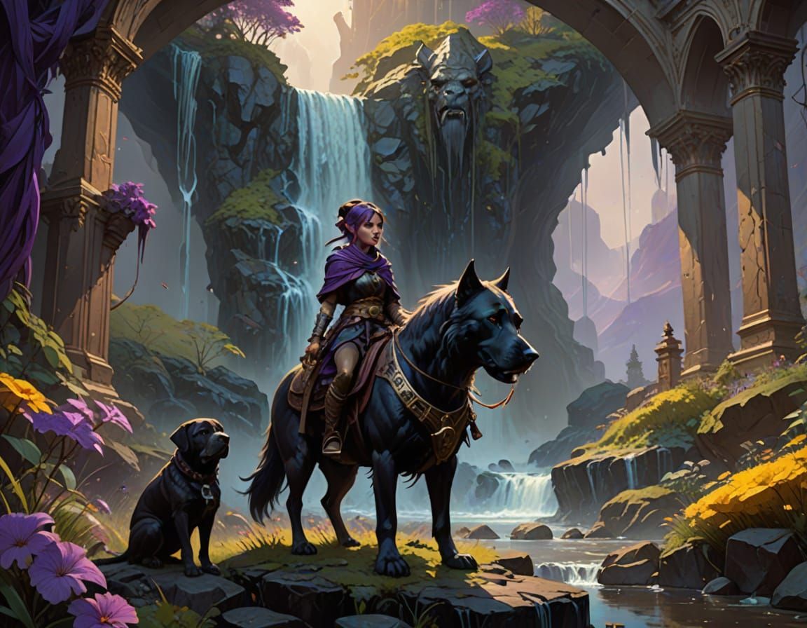 Gnome Artificer and Mastiff in Dark Fantasy Style