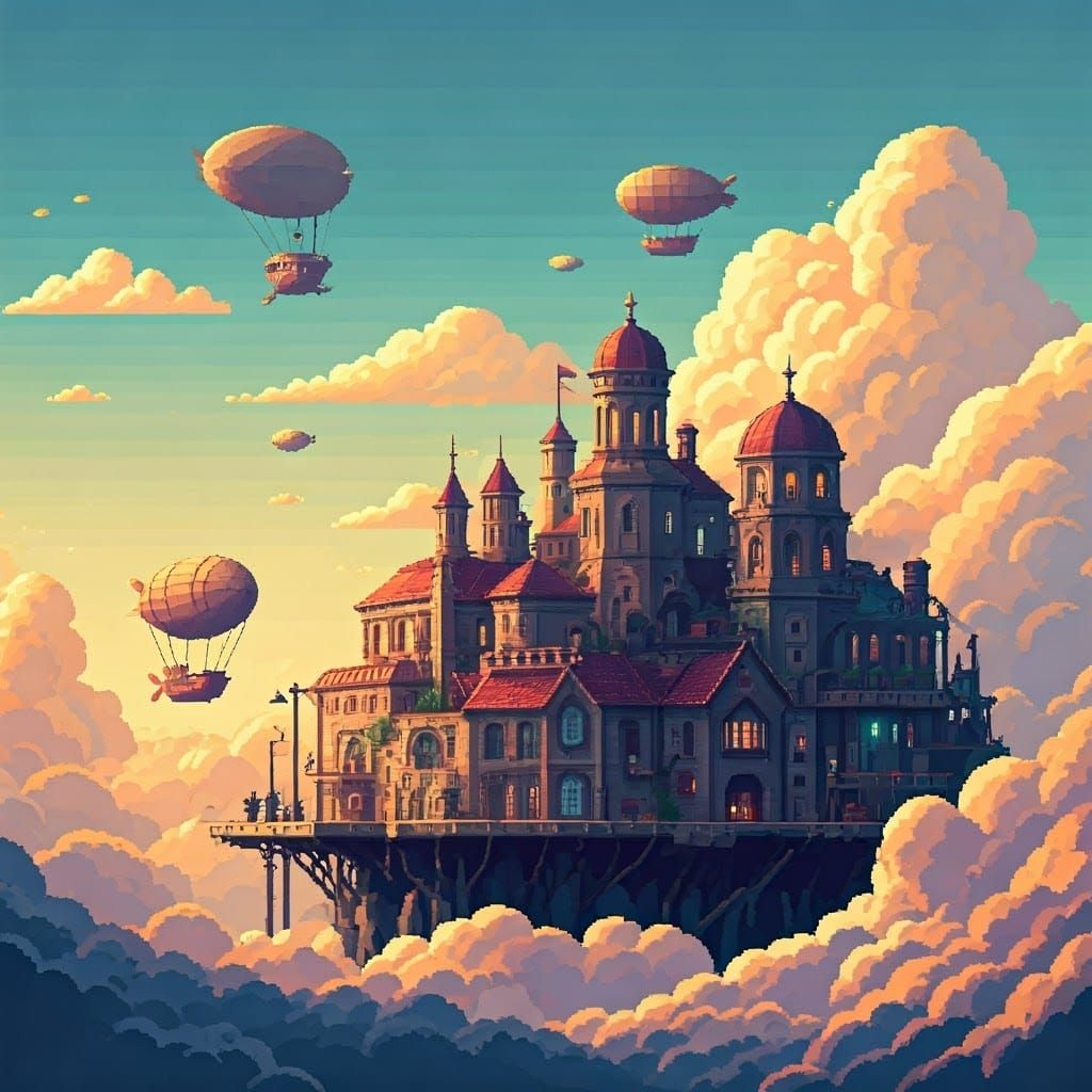 Steampunk City in the Sky: Pixel Art Blimps at Dusk
