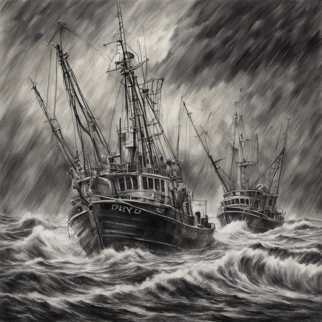 Fishing Trawlers in a Storm: Hyperdetailed Charcoal Drawing