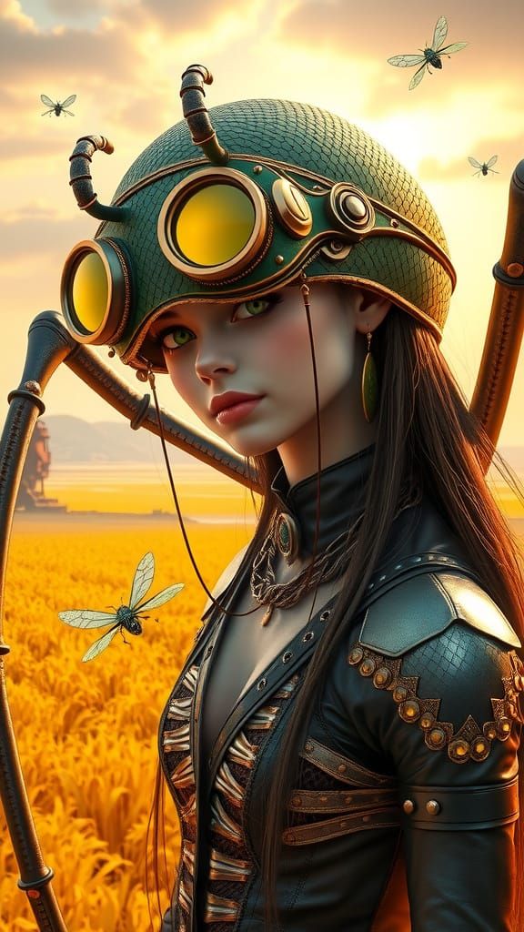 Ethereal Steampunk Spider-Girl in Golden Field