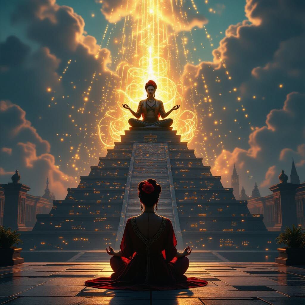 Ethereal Figure Meditates Over Gothic Pyramid in Cyberpunk C...