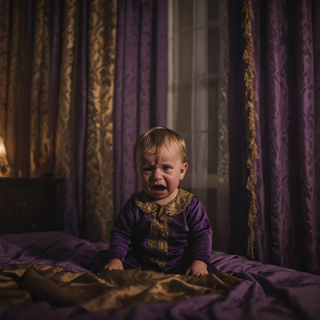 Old-Fashioned Baby Crying in Bedroom with Golden Light