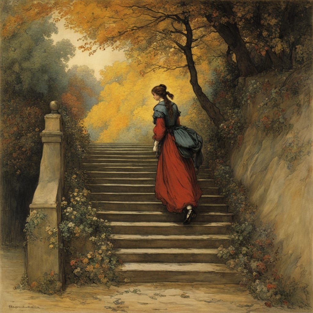 Ethereal Woman Descends Stairs in Whimsical Fairytale Settin...
