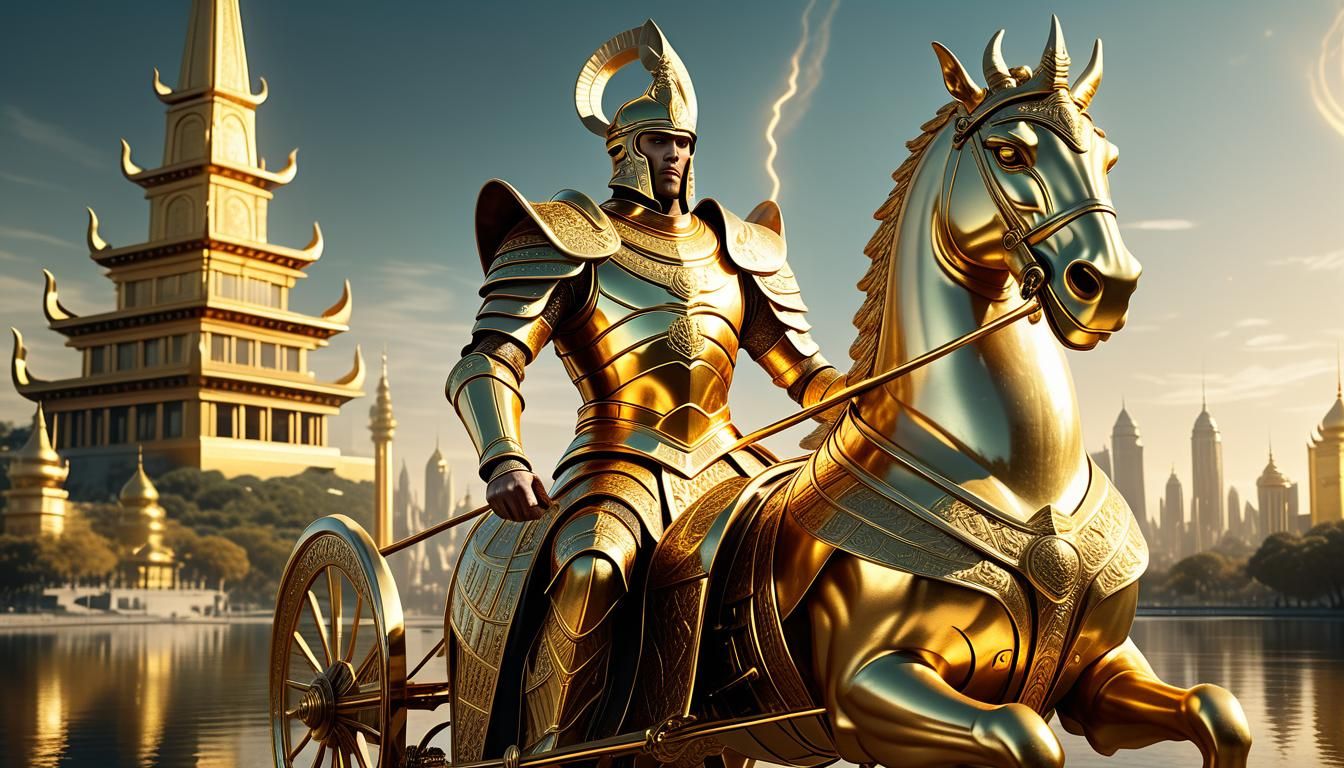 Majestic Golden Charioteer in Cityscape, 3D Visualization