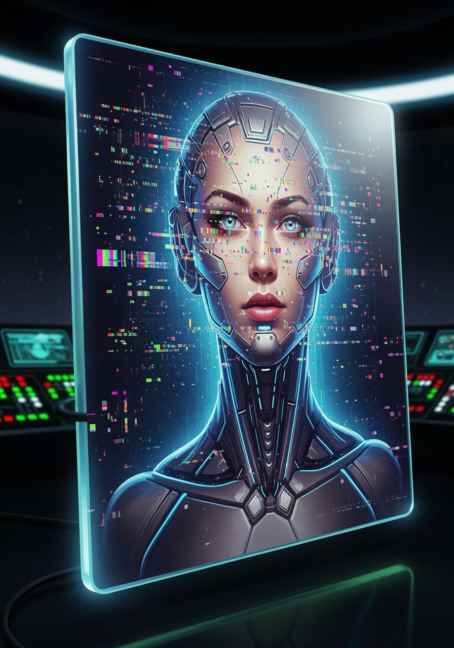 Glitchy Cybernetic Android Portrait in Sci-Fi Style