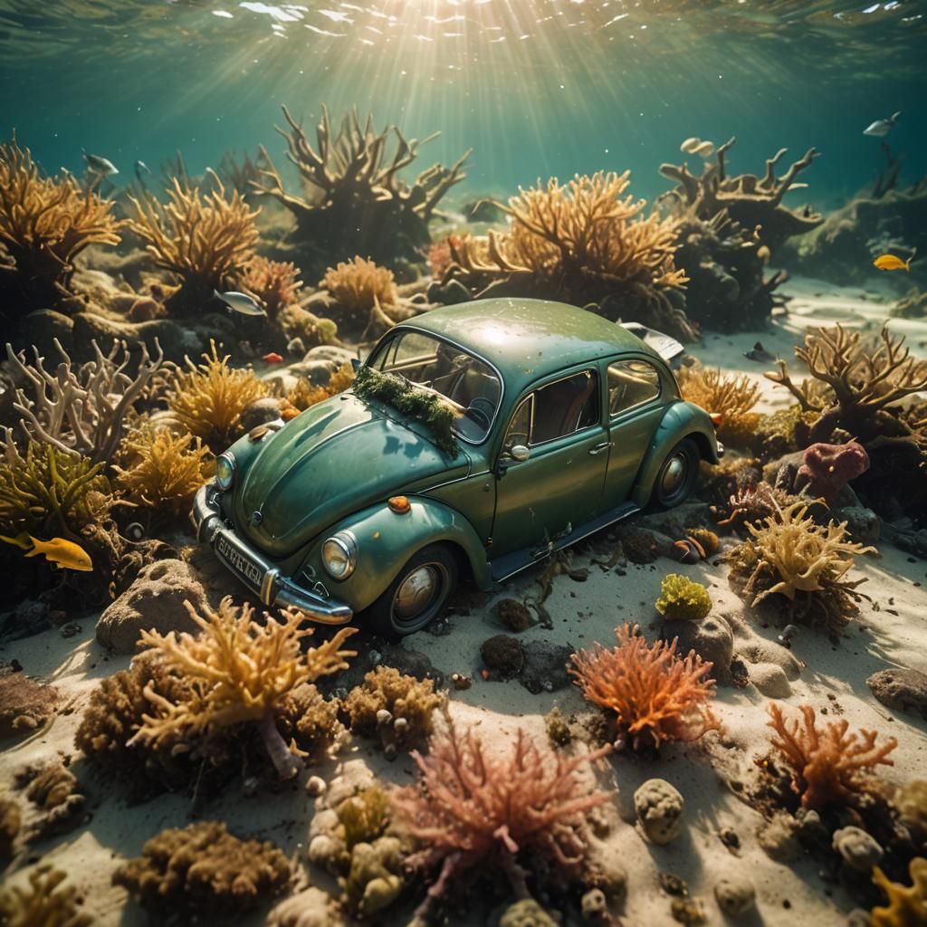 Underwater VW Beetle with Sharks: Hyper-Realistic Ocean Scen...