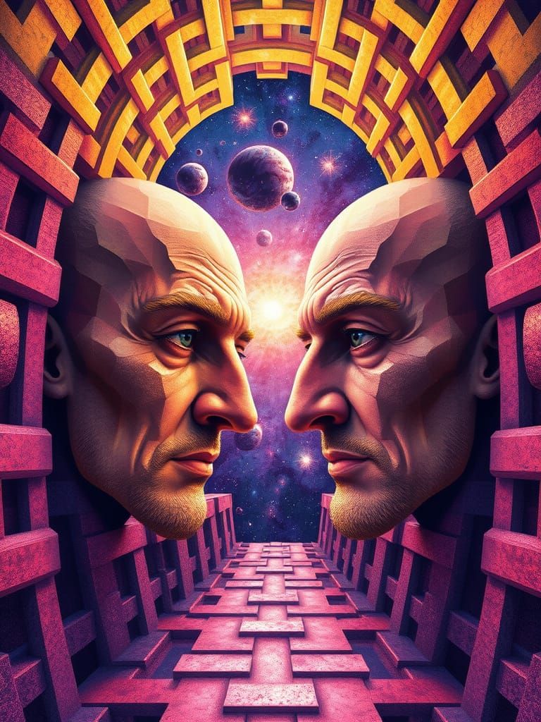 Faces in a Colorful 3D Labyrinth, Surreal Art