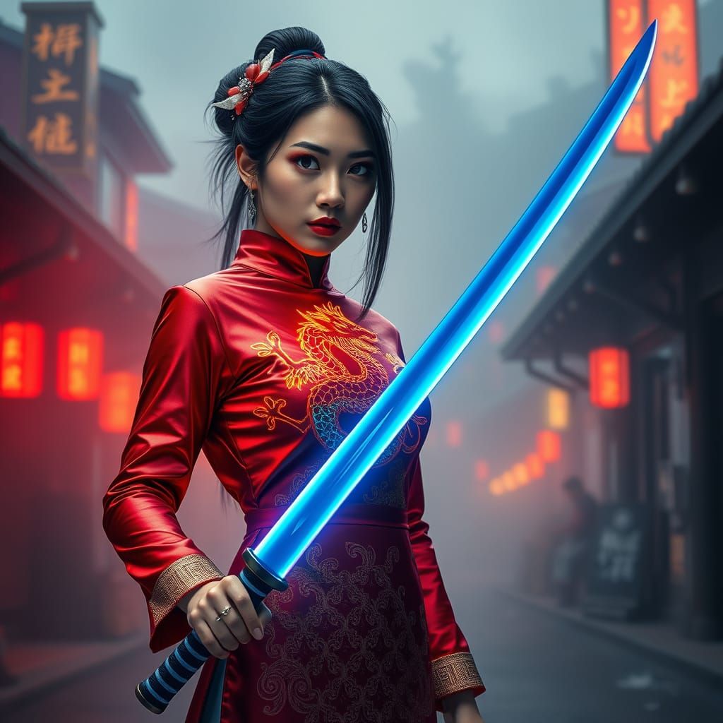 Mystical Warrior in Fiery Cheongsam