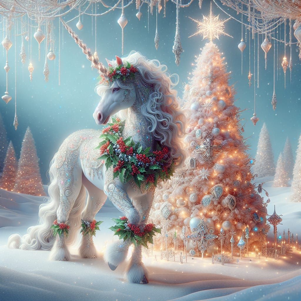 Majestic Unicorn Under Ornate Christmas Tree in Whimsical Wi...