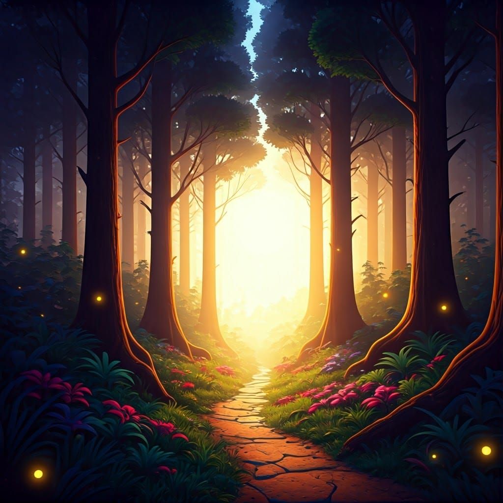 Dreamlike Forest Scene in Vibrant Digital Art
