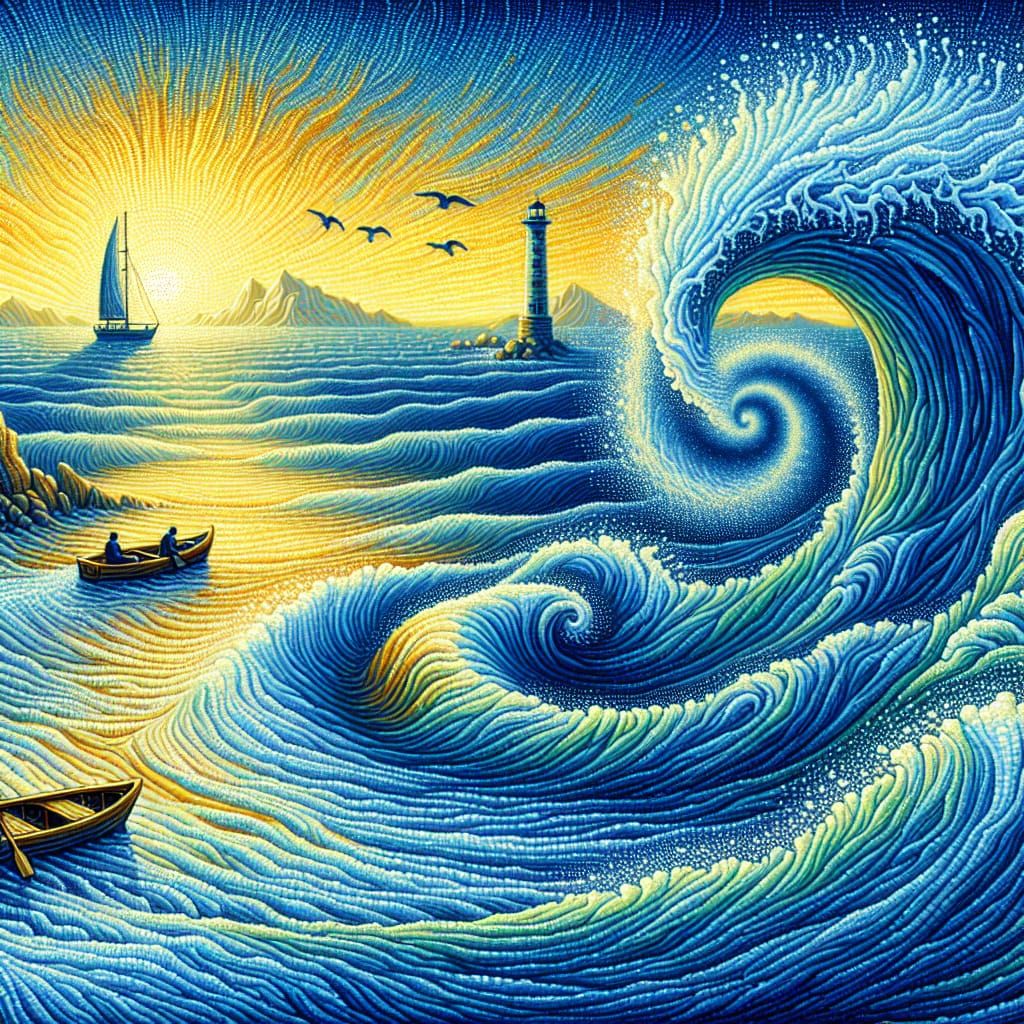 Nautical Seascape with Lighthouse in Pointillism Style