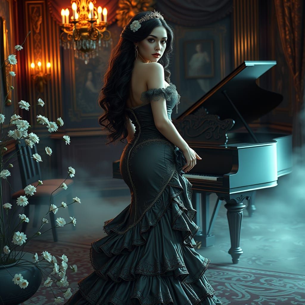 Elegant Victorian Lady with Regal Demeanor and Long Wavy Hai...