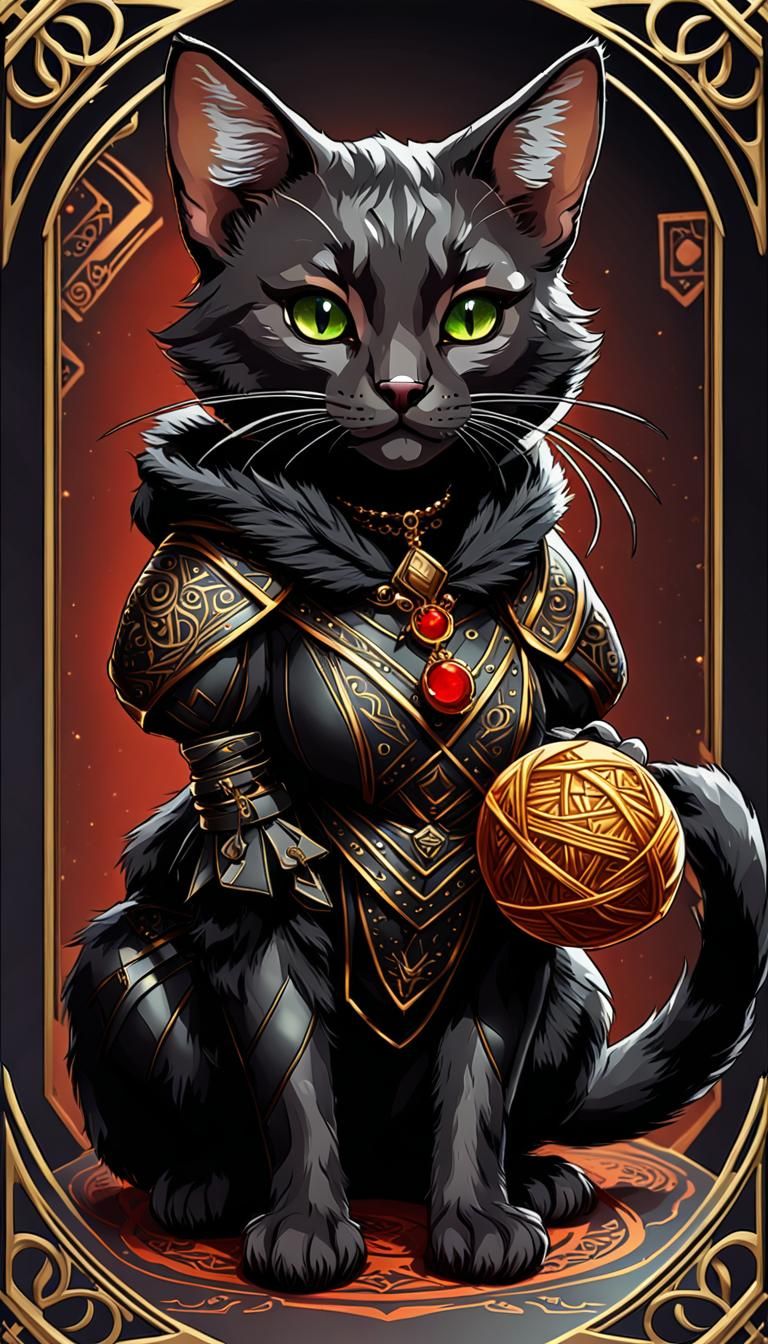 Cute Black Tabaxi with Yarn, Mucha-Style Art