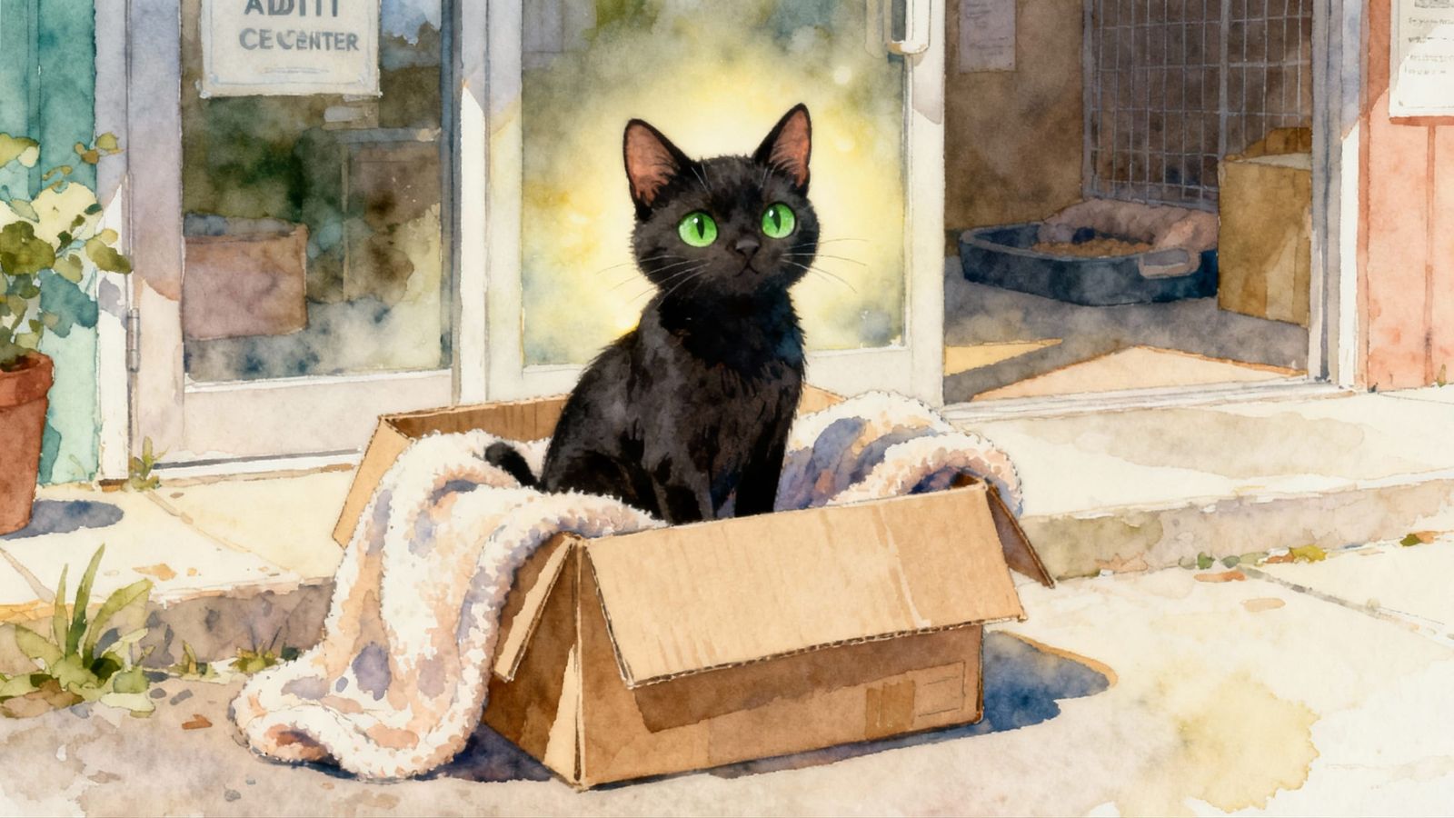 Cute Black Cat in Box, Watercolor Style