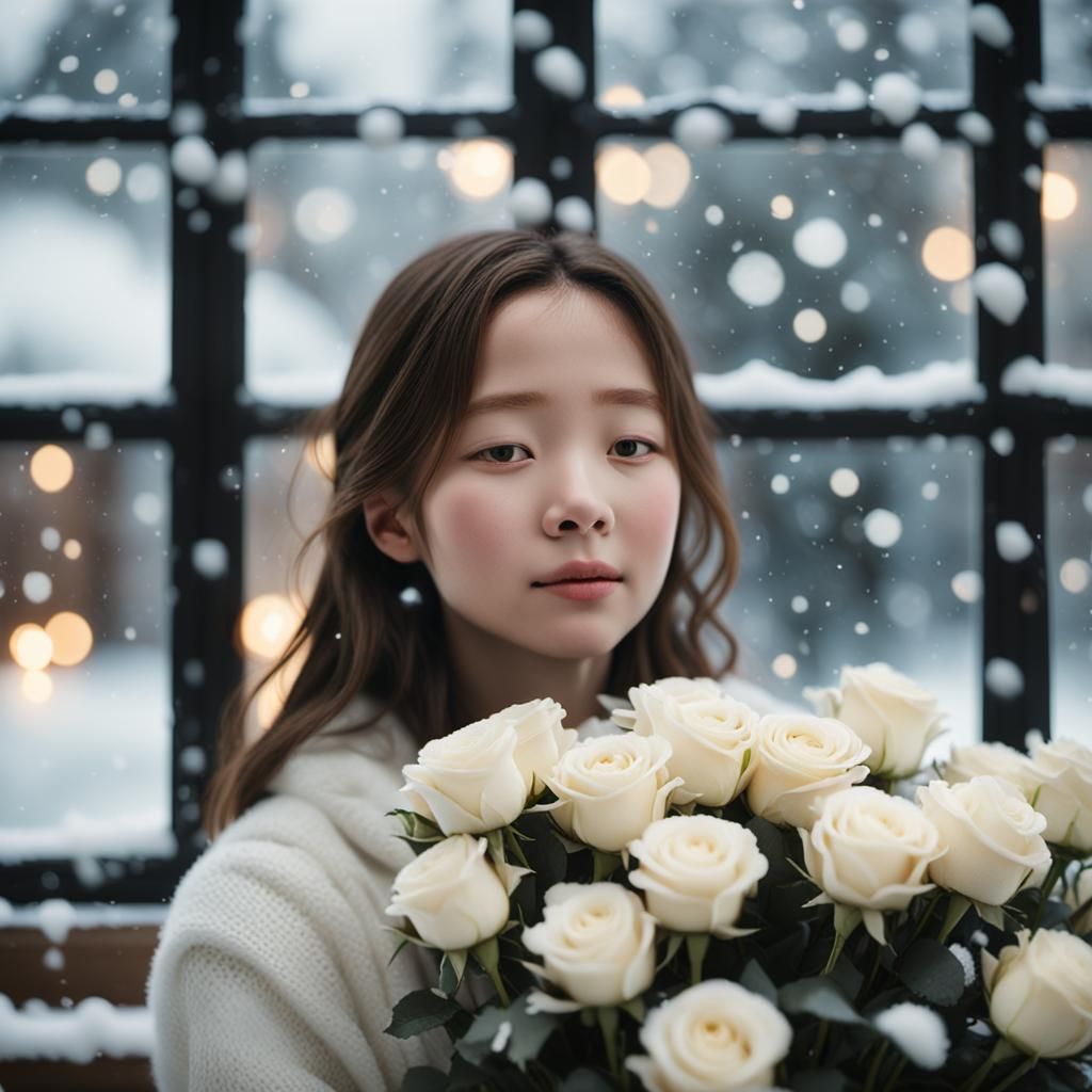 White Roses in Winter Light: Cinematic Film Still