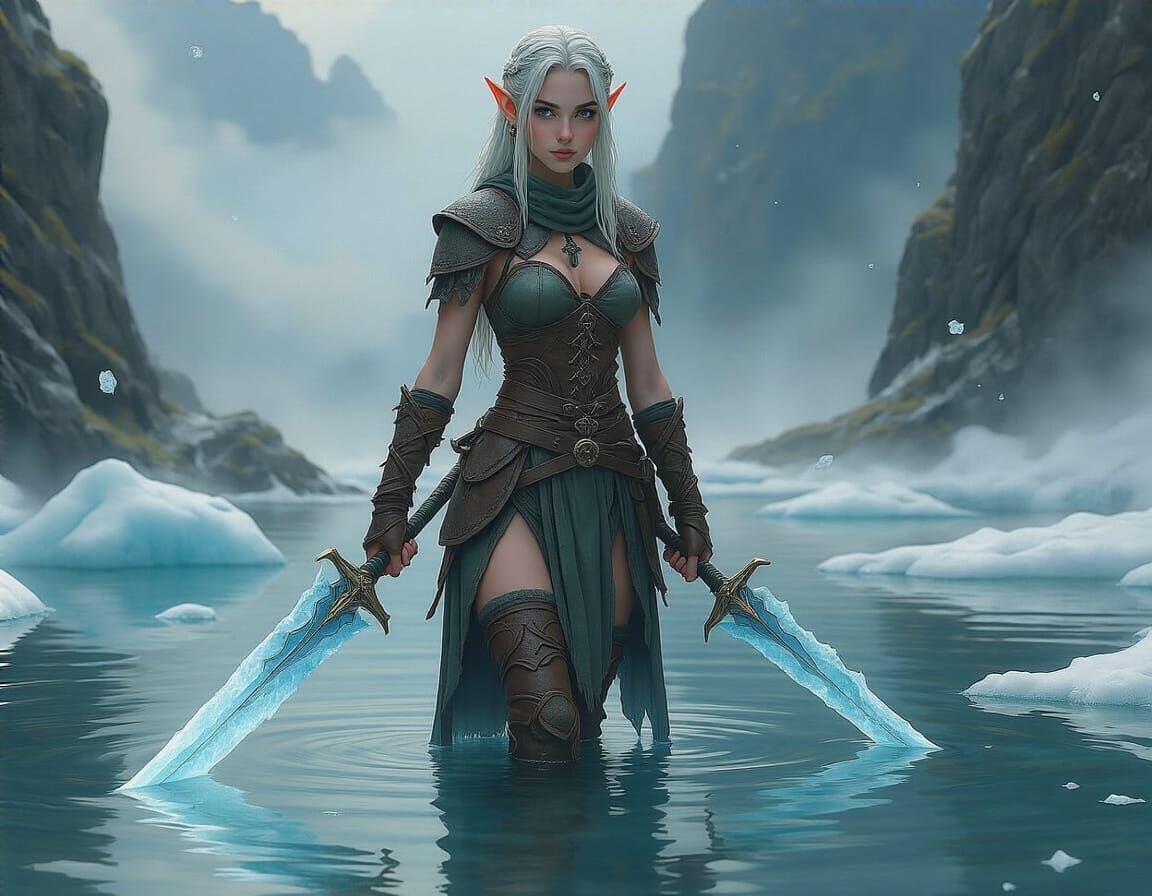 Elven Warrior in Glacial Pond, Watercolor Art