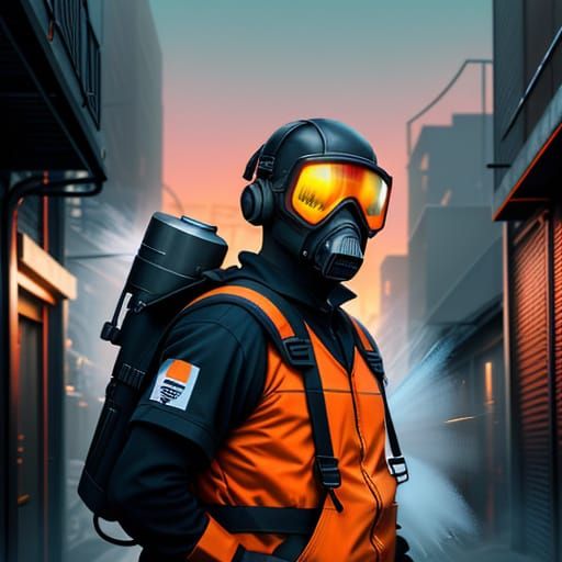 Pest Control Worker in Urban Alleyway, Digital Art