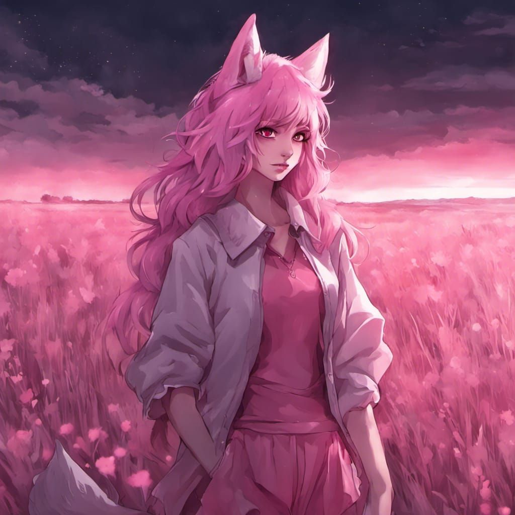 Anime Style Pink Wolf Girl in Open Field