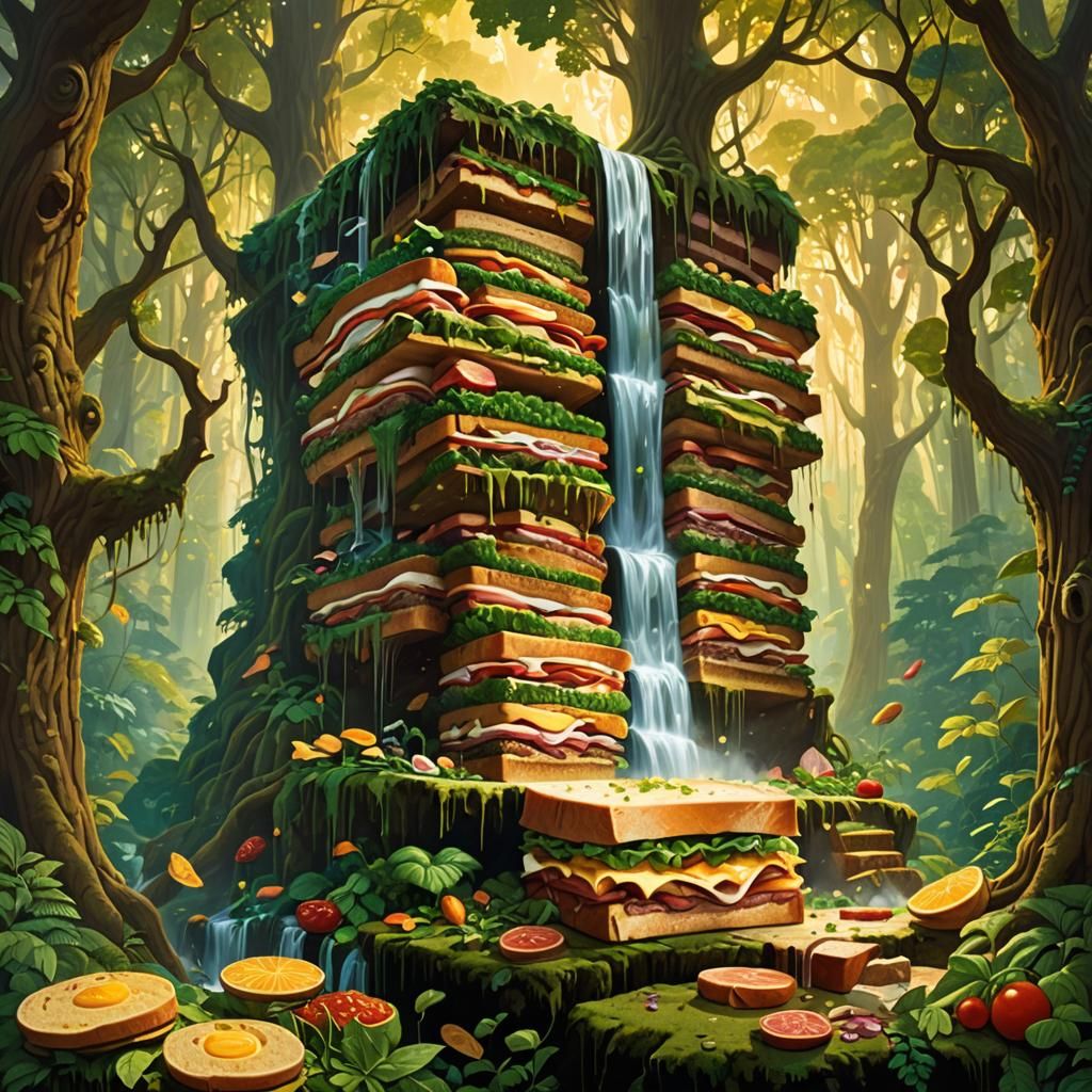 Giant Sandwich Looms Over Forest in Surreal Art