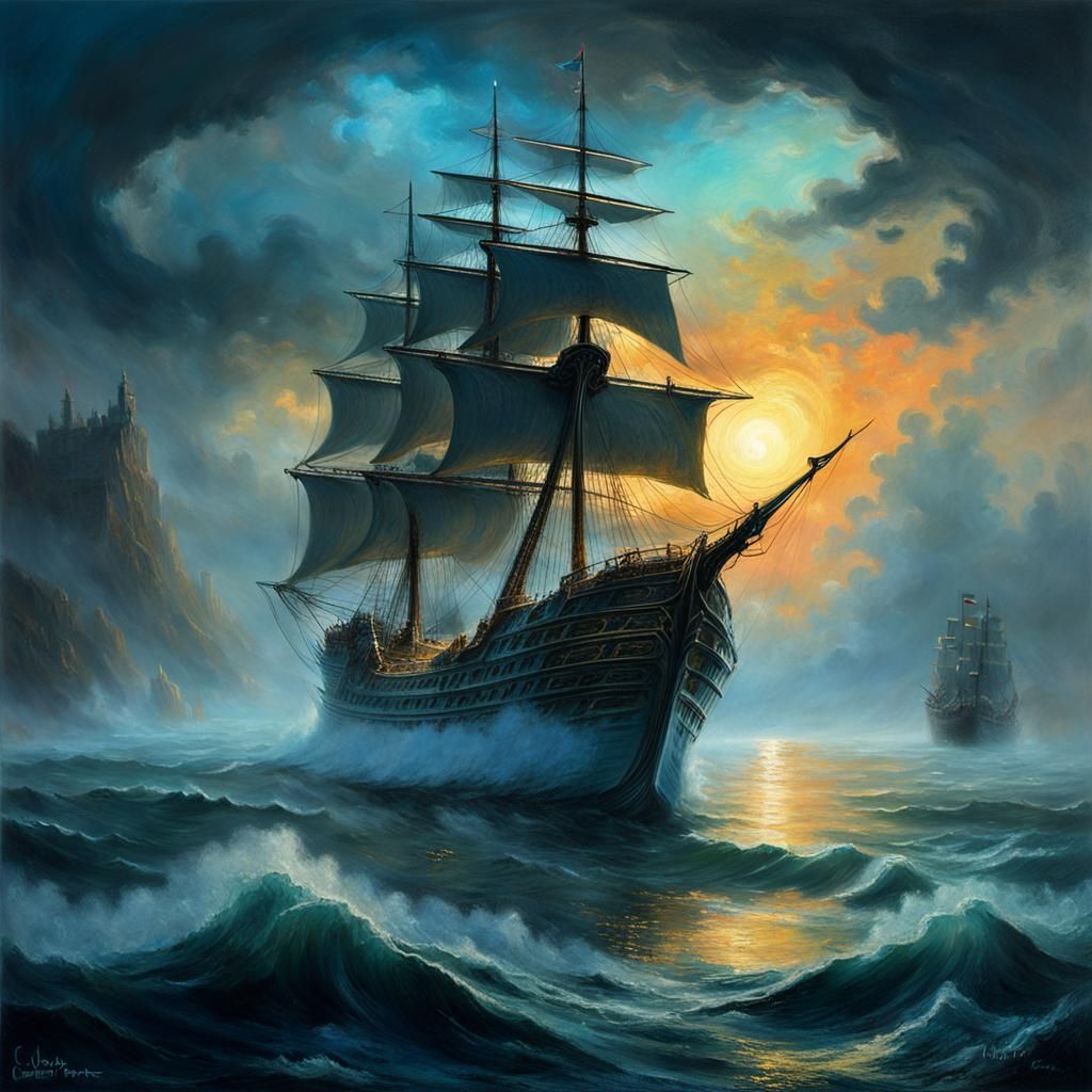 Ghostly Dragon Ship Sails Misty Seas