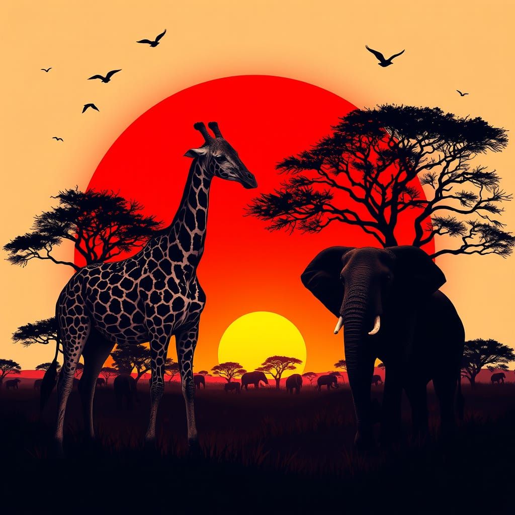 Kenya Sunset: Giraffe and Elephant in Abstract Style