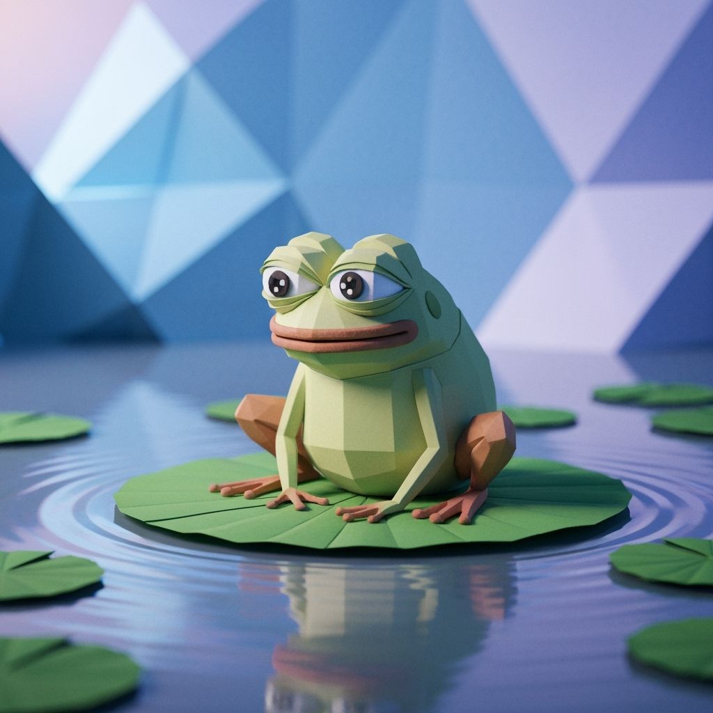 Pepe Frog in Papercraft Style on Lily Pad