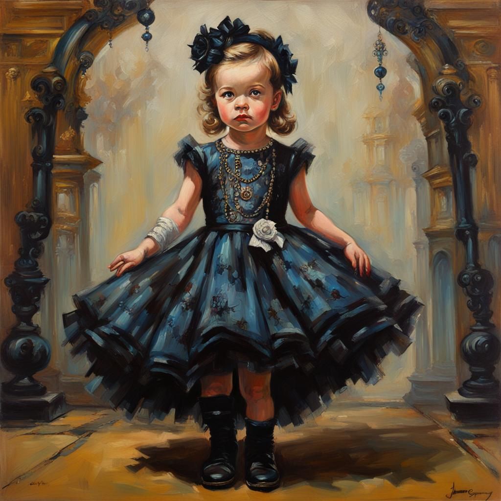 Rockabilly Baby Girl in Gothic Dress, Oil Painting