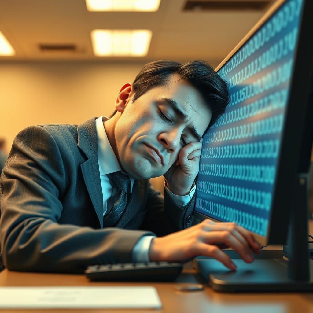 Office Worker Zoned Out on Keyboard in Hypnotic Digital Haze