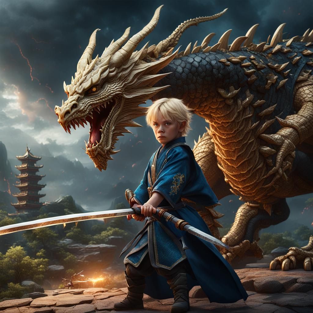 Thunder Dragon and Child Knight Fantasy Art