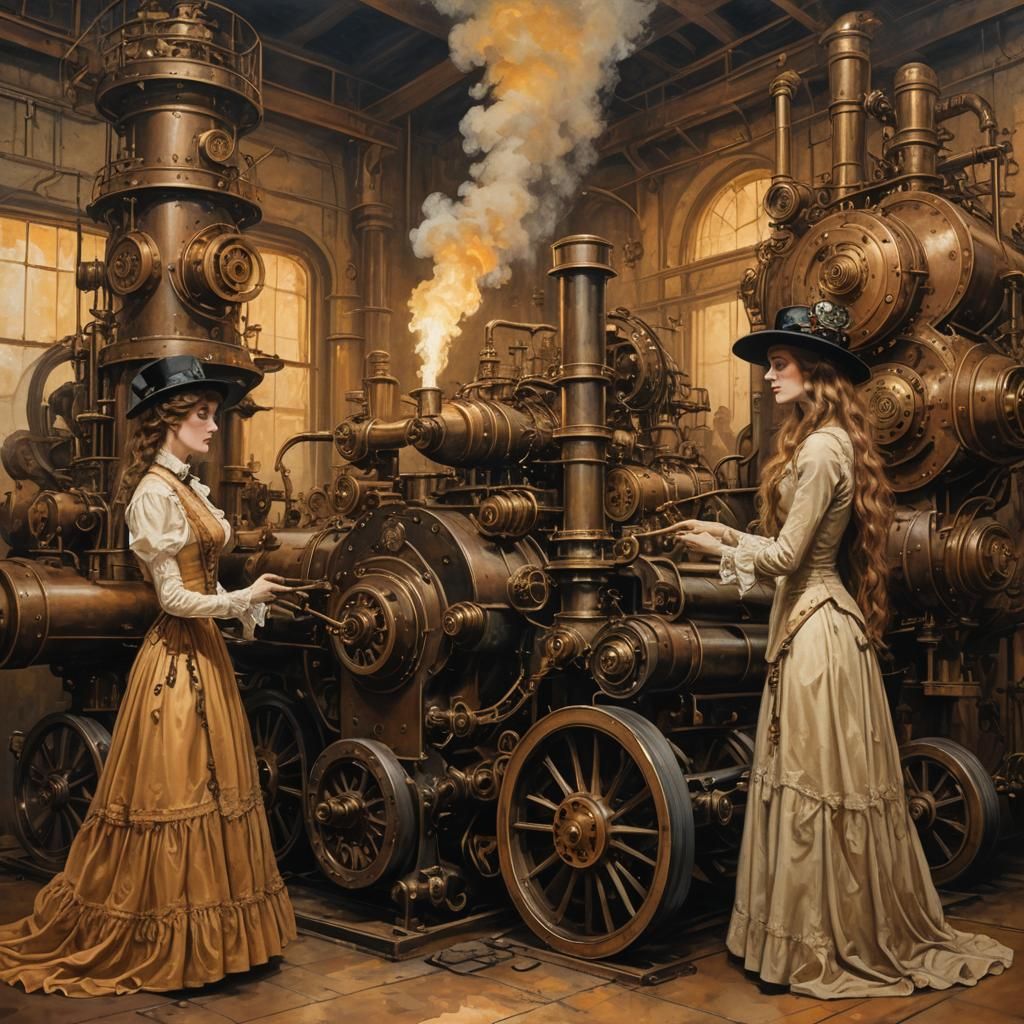 Girl, Ghost, and Steampunk Engine in Vintage Style