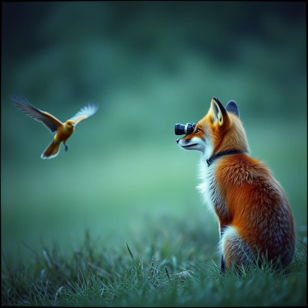 Fox Birdwatcher with Binoculars in Cinematic Style