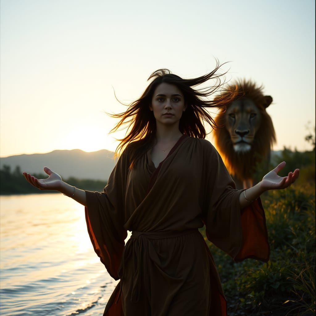 Resolute Goddess Embraces the Whispers of the Wind in a Gold...