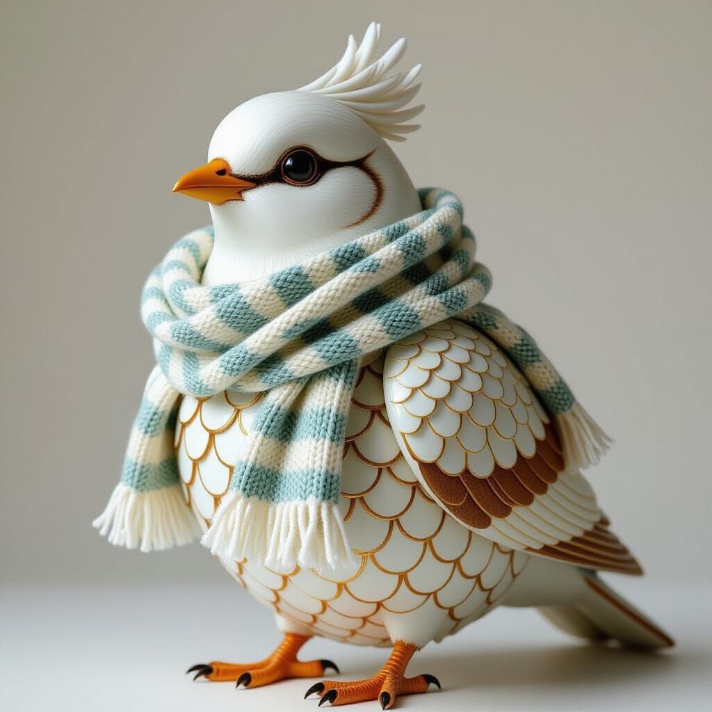 Porcelain Bird with Fish Scales and Wool Scarf
