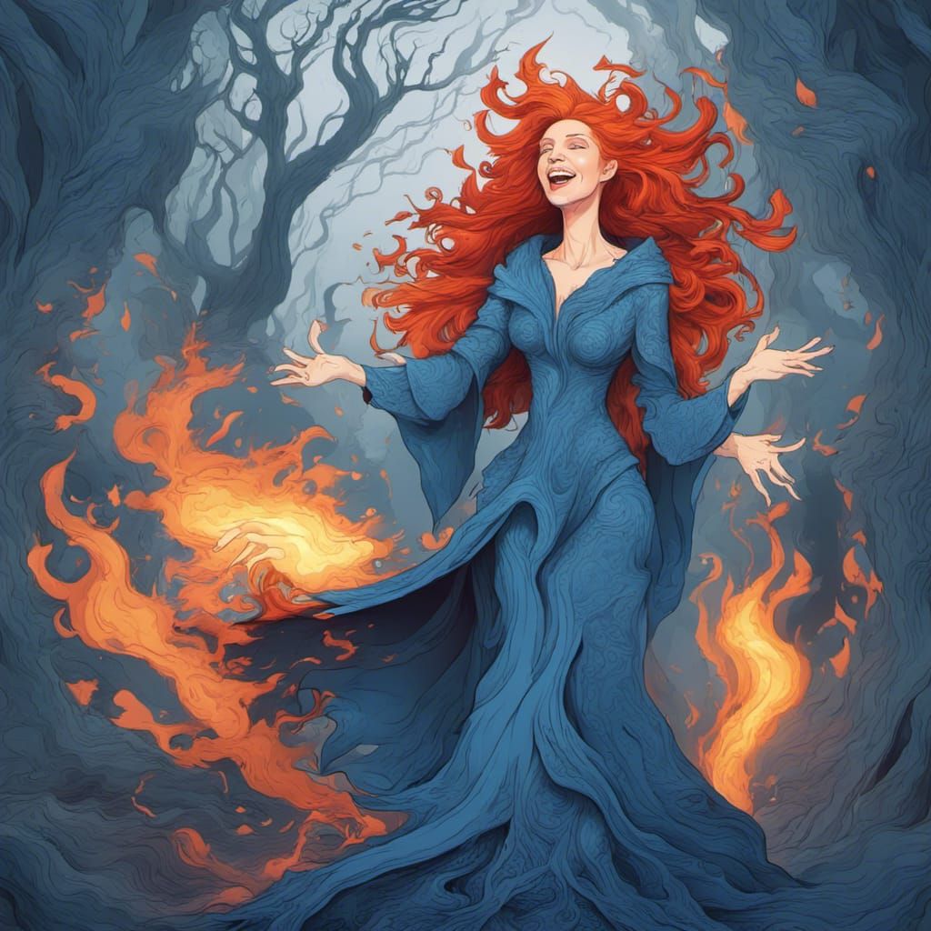 Red-Haired Wizard Casting Spell in Burning Forest