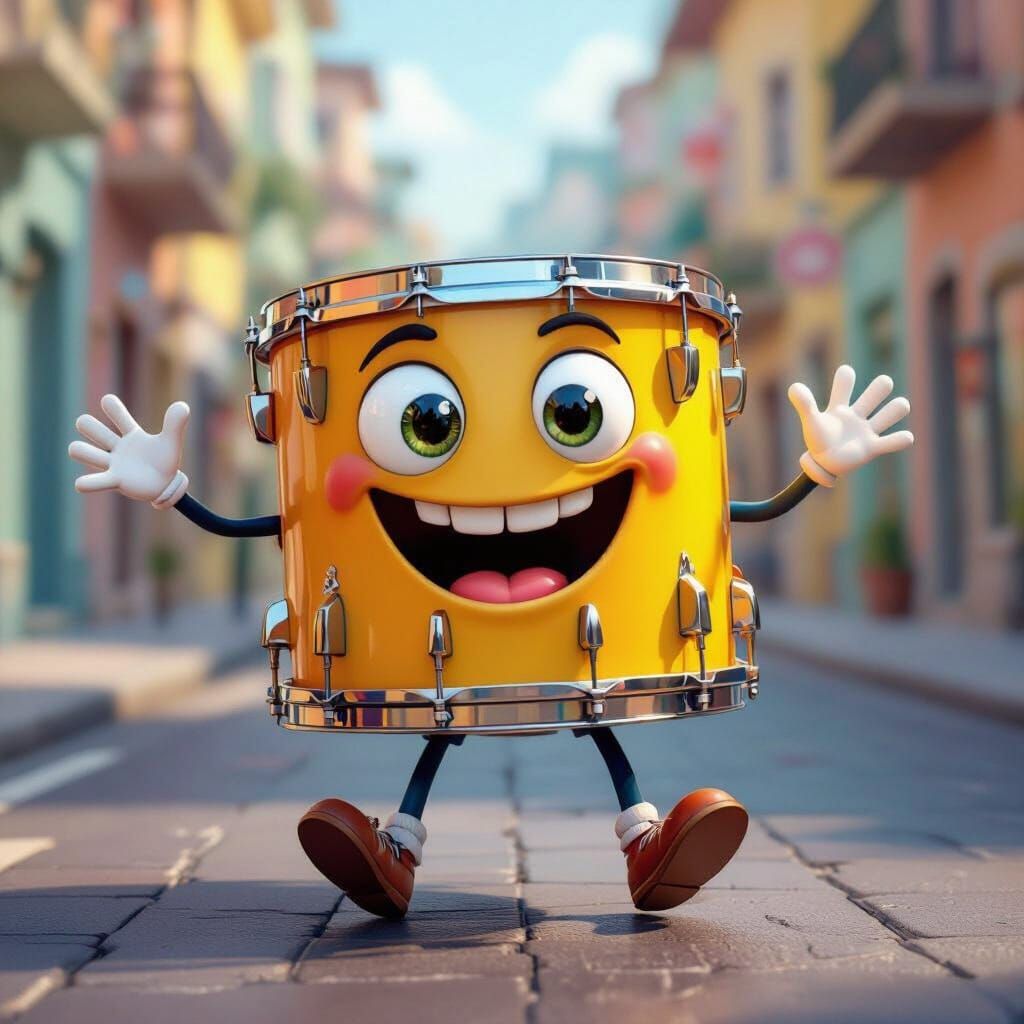 Animated Drum Character Marching Down Street