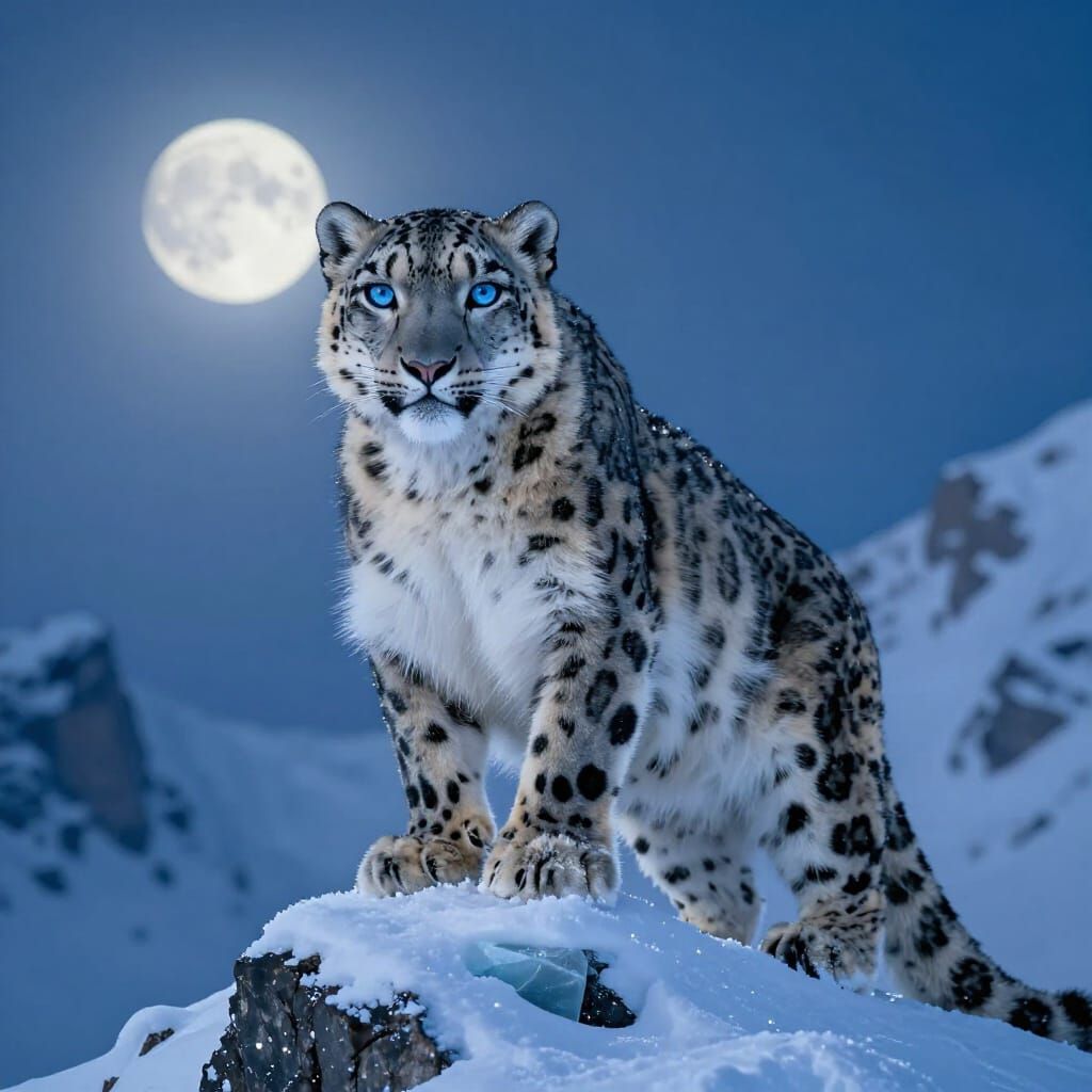 Snow Leopard in Ethereal Moonlight Wildlife Photo