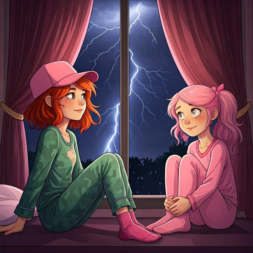Girls Watch Evening Thunderstorm from Bedroom Window