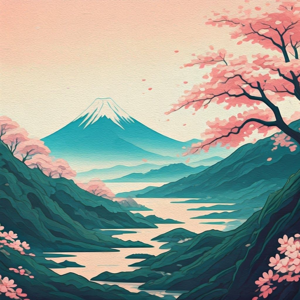 Ukiyo-e Japanese Landscape with Cherry Blossoms