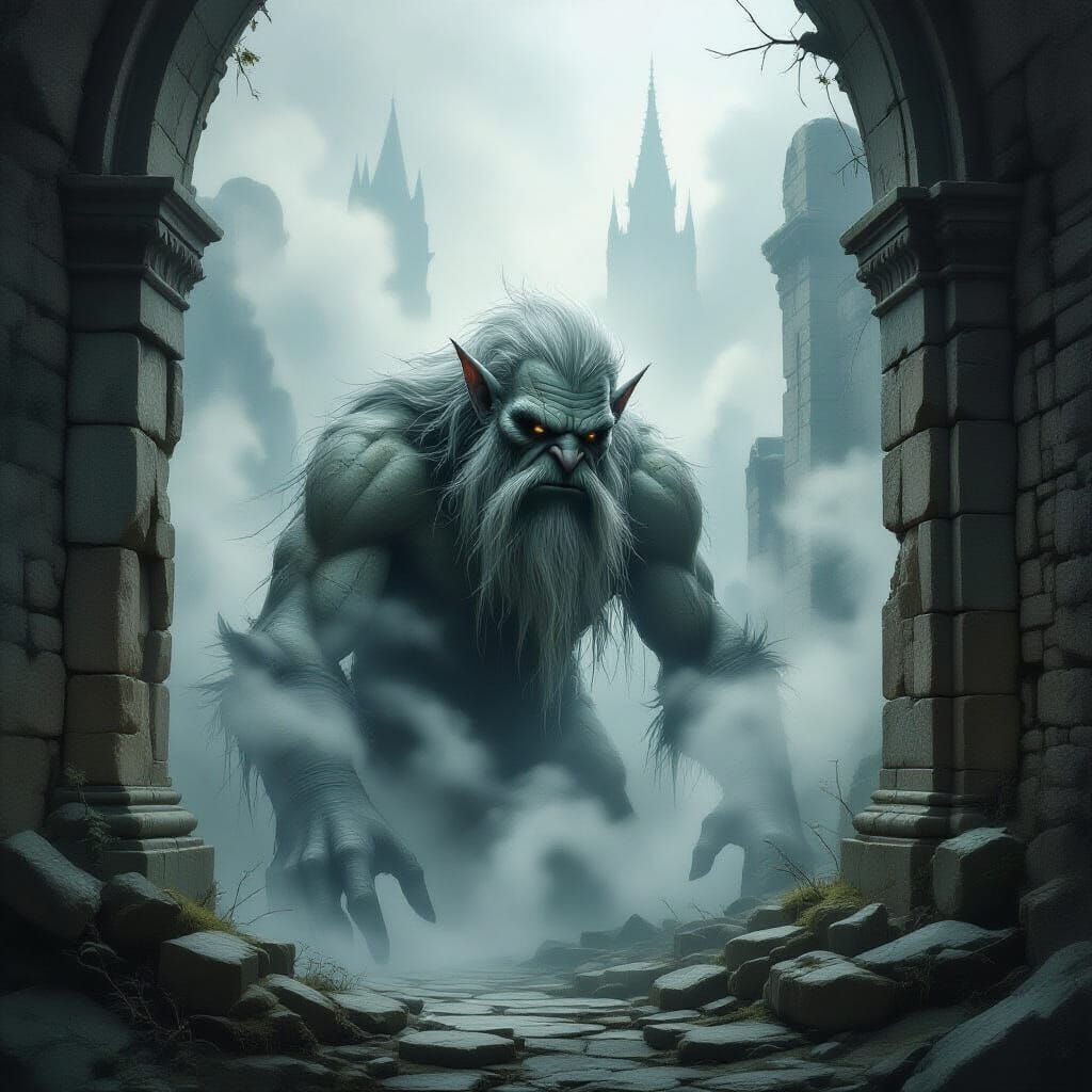 Troll in Mist: Gothic Fresco of Crumbling Ruins