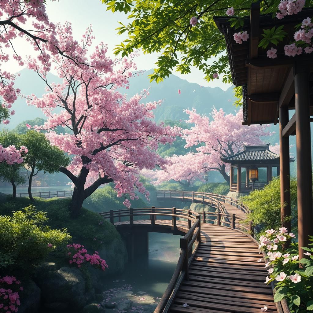 Japanese Garden with Cherry Blossoms in Digital Art