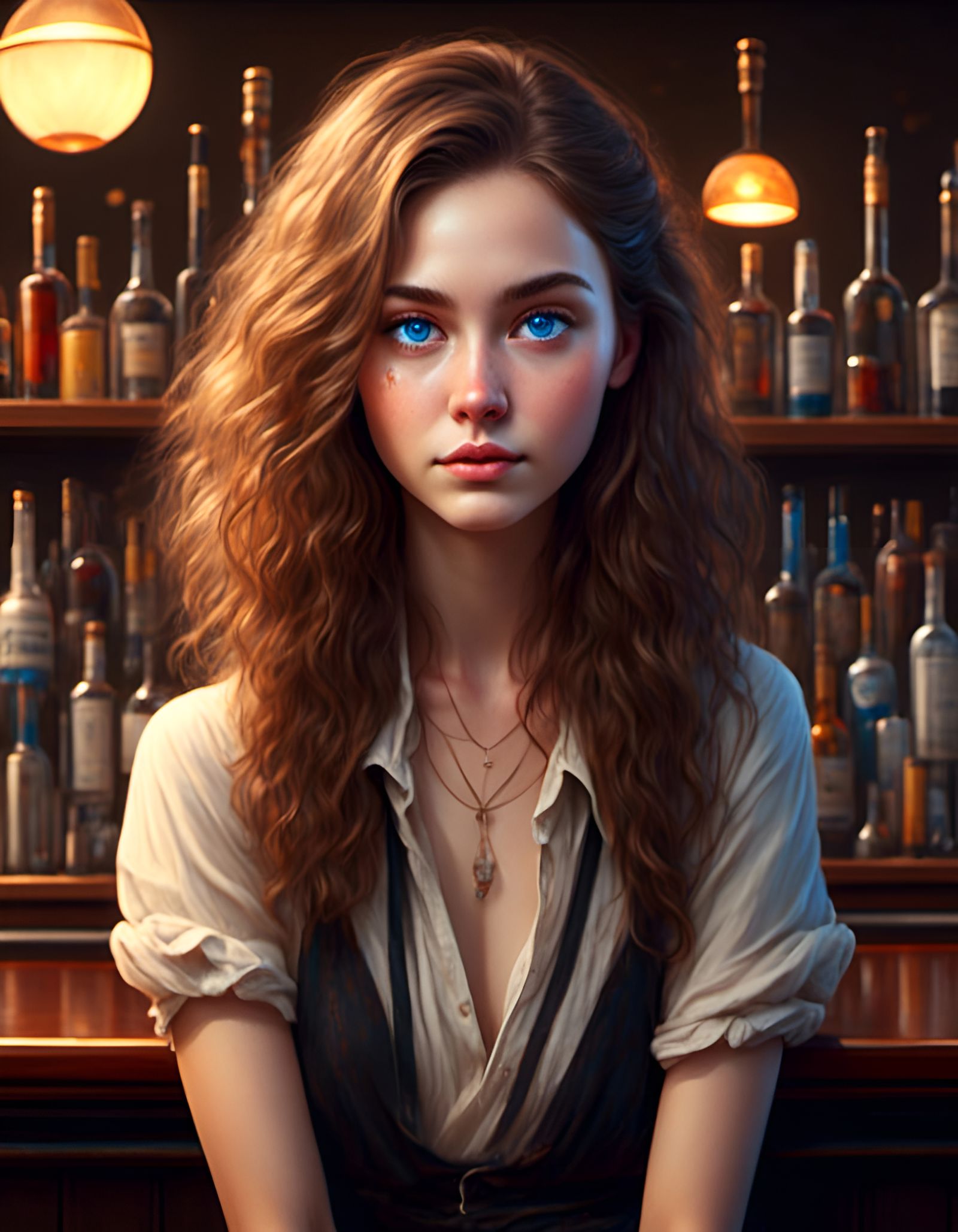 Close-up Portrait of a Blue-Eyed Woman at a Bar