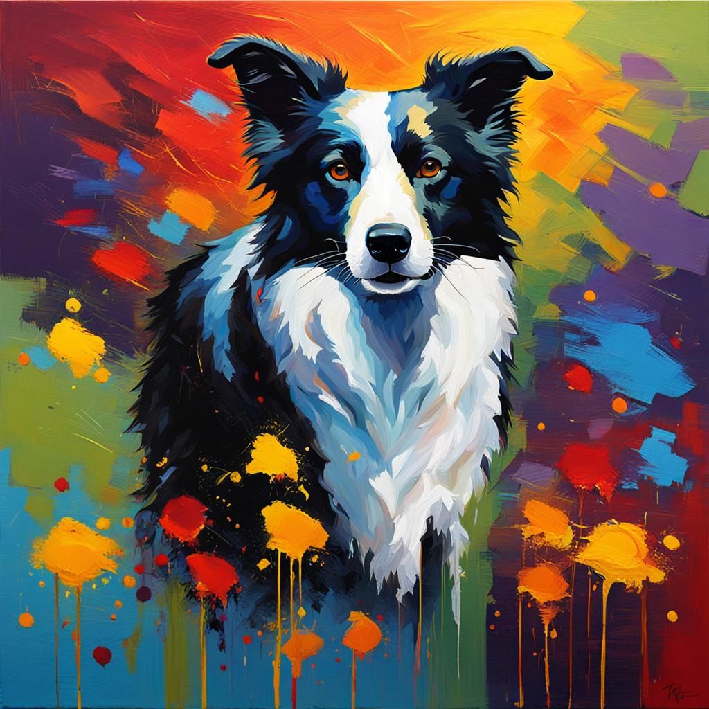 Border Collie Silhouette Painting with Golden Accents
