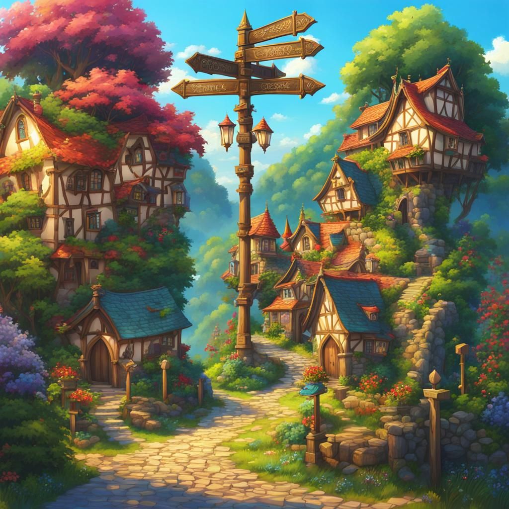 Fairytale Medieval Signpost at Crossroads in Anime Style