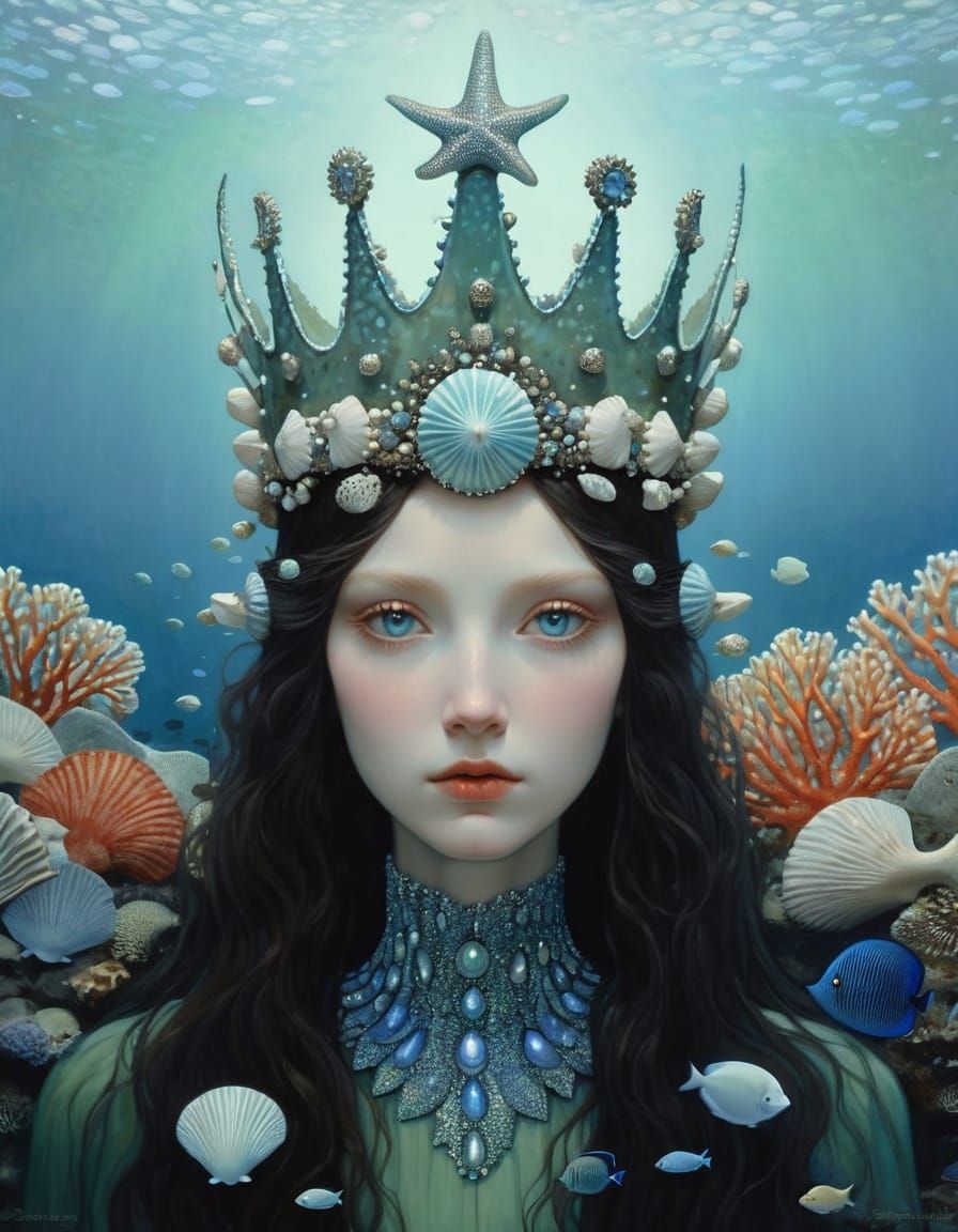 Fish-Woman Portrait Adorned with Barnacles and Shells