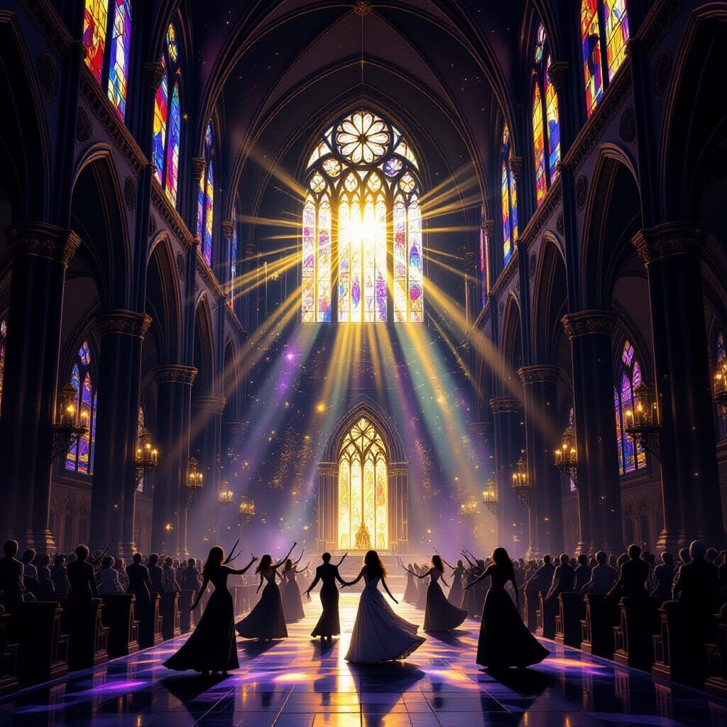 Gothic Cathedral Dance of Skeletons in Celestial Light